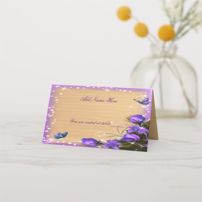Rustic Wood Purple Floral Butterfly Wedding Table Place Card (Front)