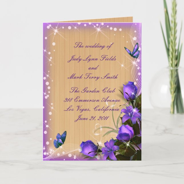 Rustic Wood Purple Floral Wedding Program Card (Front)