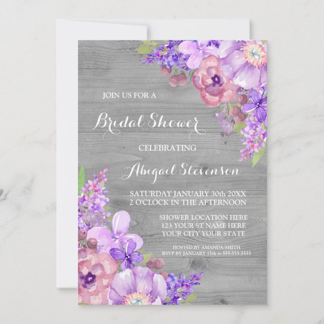 Rustic Wood Purple Flowers Bridal Shower Invitation (Back)