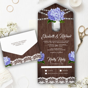 Rustic Wood Purple Hydrangea Mason Jar Wedding All In One Invitation