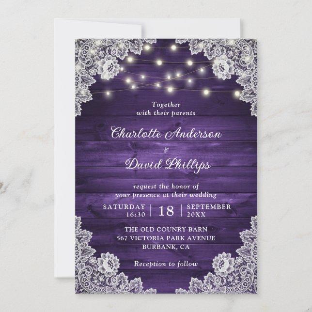 Rustic Wood Purple Lace String Lights Wedding Invitation (Front)