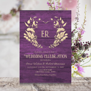 Rustic Wood Purple Monogram Wedding Invitation