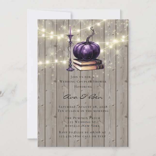 Rustic Wood Purple Pumpkin Candle Wedding Invitation (Front)