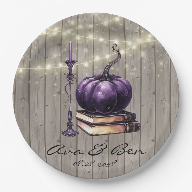 Rustic Wood Purple Pumpkin Wedding Paper Plate (Front)
