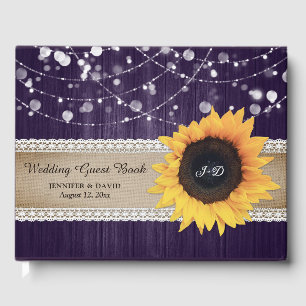 Rustic Wood Purple Sunflower Wedding Guest Book