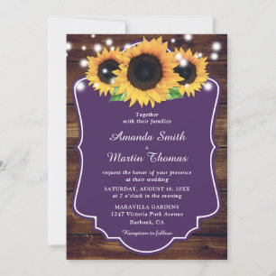 Rustic Wood Purple Sunflower Wedding Invitation