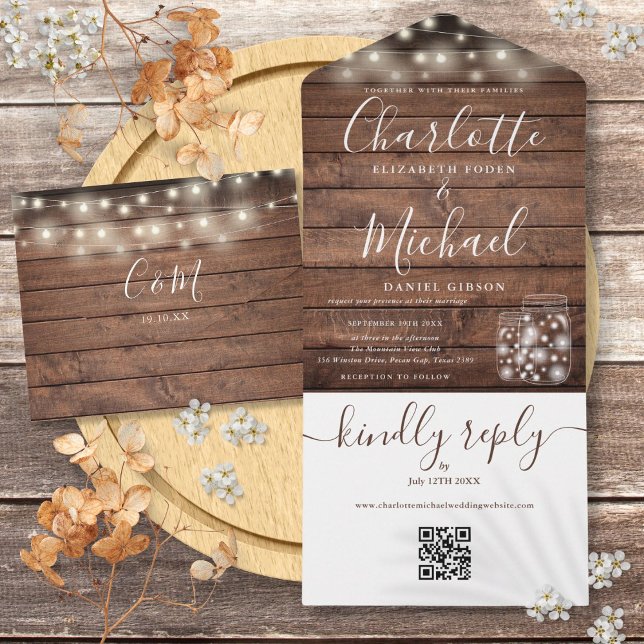 Rustic Wood QR Code Mason Jars Lights Wedding All In One Invitation (Rustic Wood QR Code Mason Jars Lights Wedding All In One Invitation)