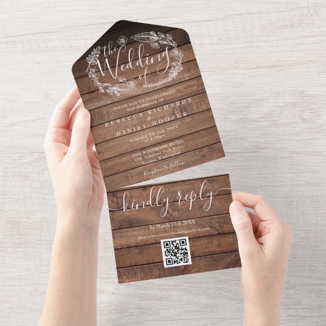 Rustic Wood QR Code Monogram Floral Wedding All In One Invitation (Tearaway)