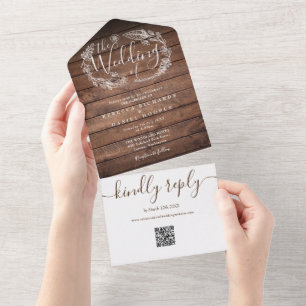 Rustic Wood QR Code Monogram Floral Wedding All In One Invitation