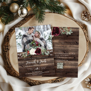 Rustic Wood QR Code Photo Christmas Wedding Invitation