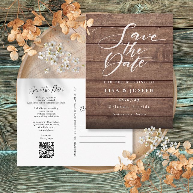 Rustic Wood QR Code Script Save the Date Postcard (Rustic Wood QR Code Script Save the Date Postcard
)