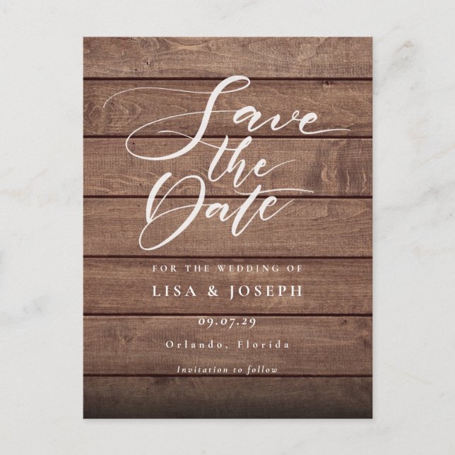 Rustic Wood QR Code Script Save the Date Postcard (Front)