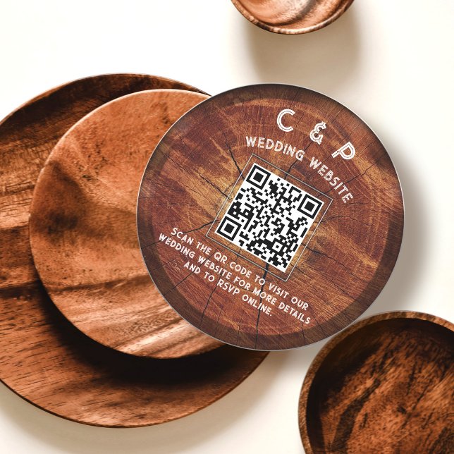 Rustic Wood QR Code Wedding Custom Monogram Round  Holiday Card (Creator Uploaded)