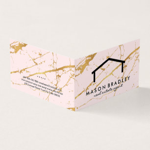 Rustic Wood / Real Estate Pink Gold Marble Business Card
