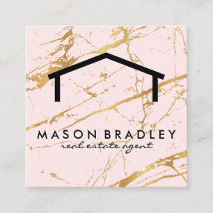 Rustic Wood / Real Estate Pink Gold Marble Square Business Card