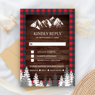 Rustic Wood Red Buffalo Plaid Mountain Wedding RSVP Card