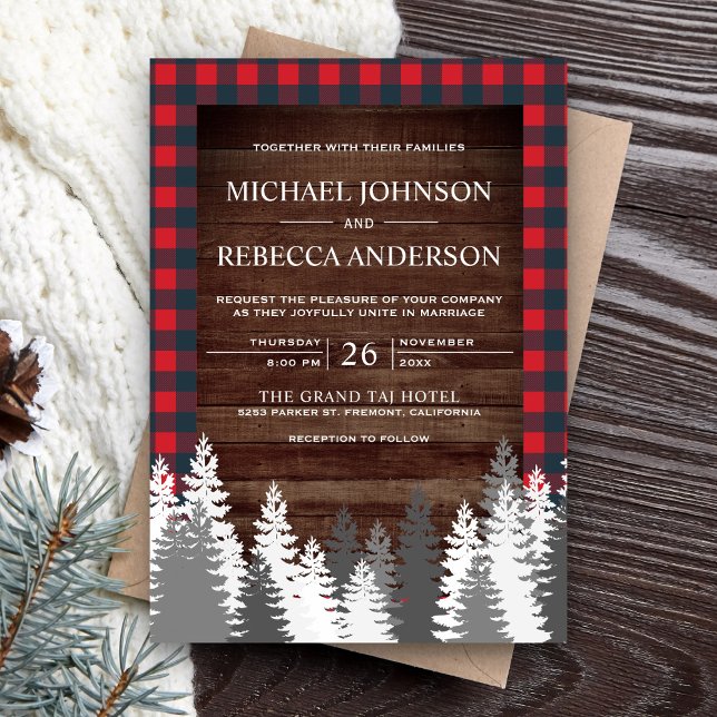 Rustic Wood Red Buffalo Plaid White Pine Wedding Invitation (Creator Uploaded)