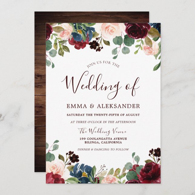 Rustic Wood Red Burgundy Floral Wedding Invite (Front/Back)