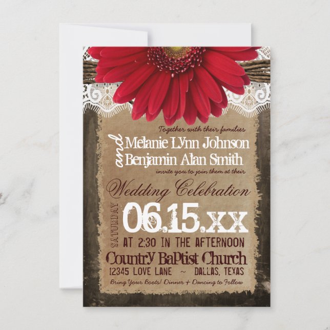 Rustic Wood Red Daisy Country Wedding Invitations (Front)