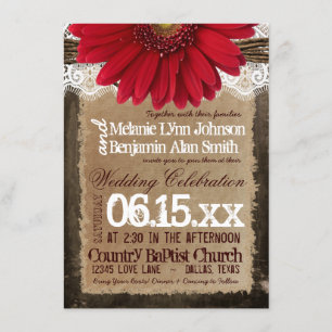 Rustic Wood Red Daisy Country Wedding Invitations