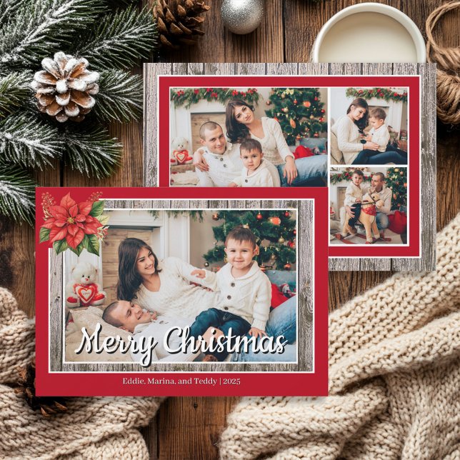 Rustic Wood Red Family 4 Photo Merry Christmas Holiday Card (Red and rustic wood, 4-photo "Merry Christmas" greeting card)