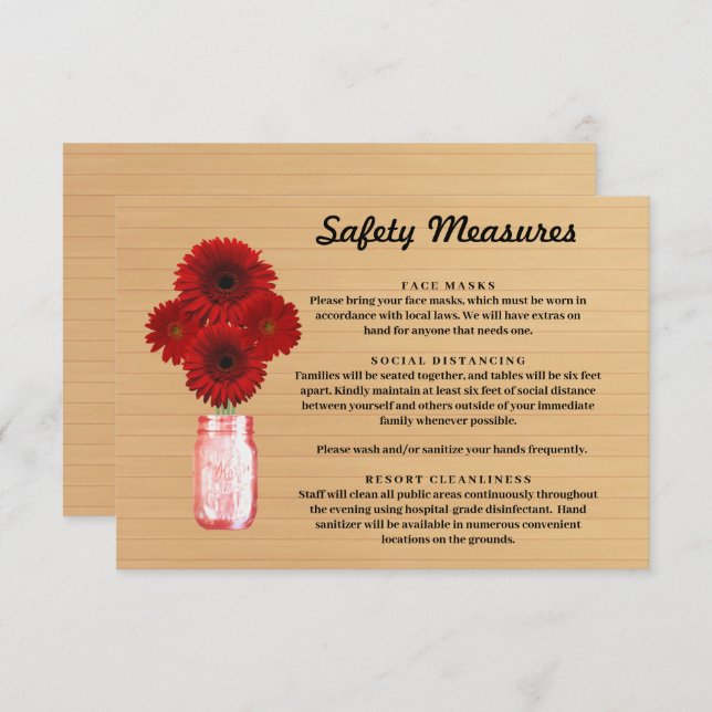 Rustic Wood Red Floral Mason Jar Safety Measures Enclosure Card (Front/Back)