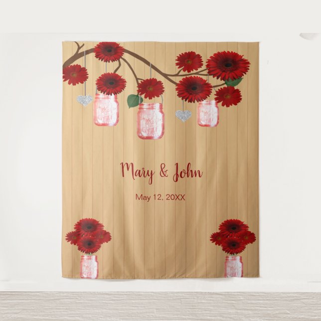 Rustic Wood Red Floral Mason Jars Photo Backdrop Tapestry (Front)