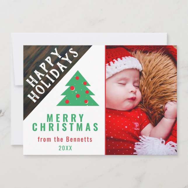 Rustic Wood Red Green Christmas Tree Family Photo Holiday Card (Front)