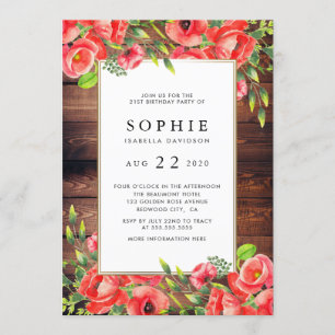 Rustic Wood & Red Poppy Floral Birthday Party Invitation