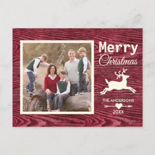 Rustic Wood Red Reindeer Christmas Family Photo Holiday Postcard
