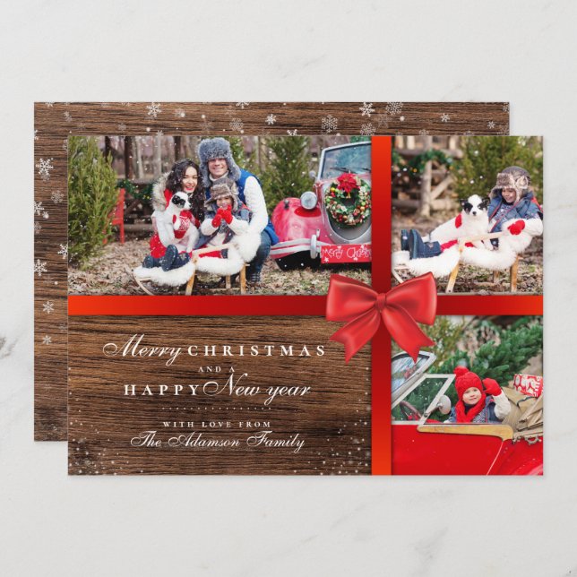 Rustic Wood & Red Ribbon Christmas Bow | 3 Photos Invitation (Front/Back)