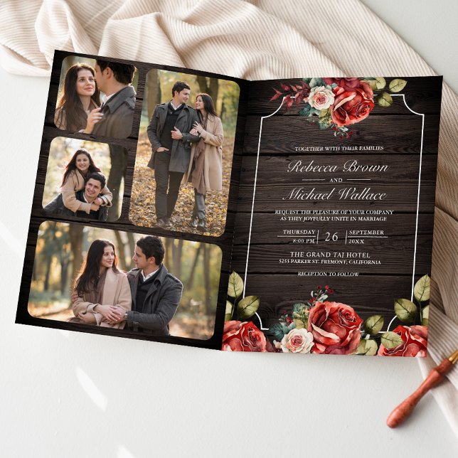 Rustic Wood Red Roses Floral Frame QR Code Wedding Invitation (Creator Uploaded)