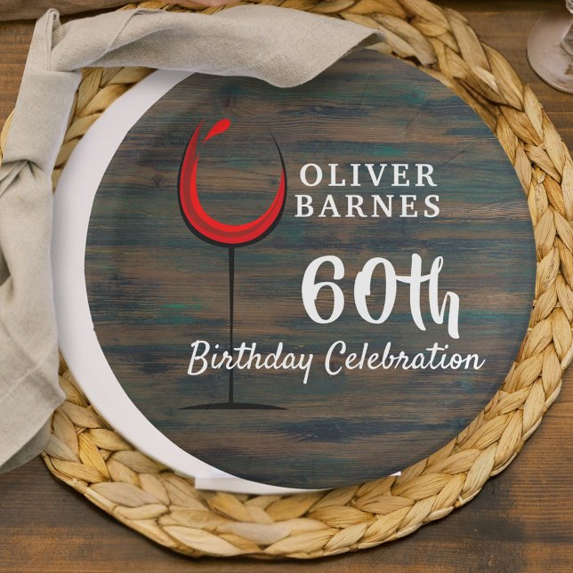 Rustic Wood Red Wine 60th Birthday Party Paper Plate (Creator Uploaded)