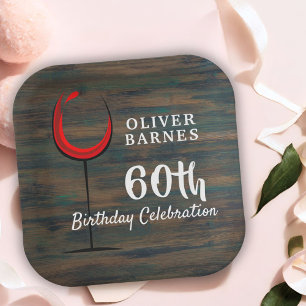Rustic Wood Red Wine 60th Birthday Party Paper Plate