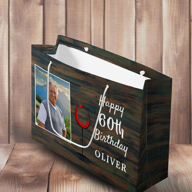 Rustic Wood Red Wine Glass 60th Birthday Photo Large Gift Bag (Creator Uploaded)