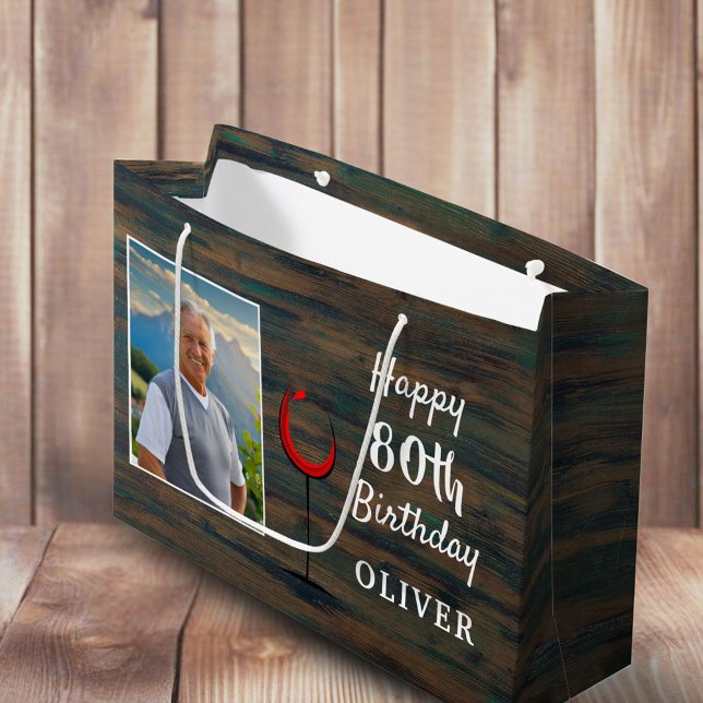 Rustic Wood Red Wine Glass 80th Birthday Photo Large Gift Bag (Creator Uploaded)
