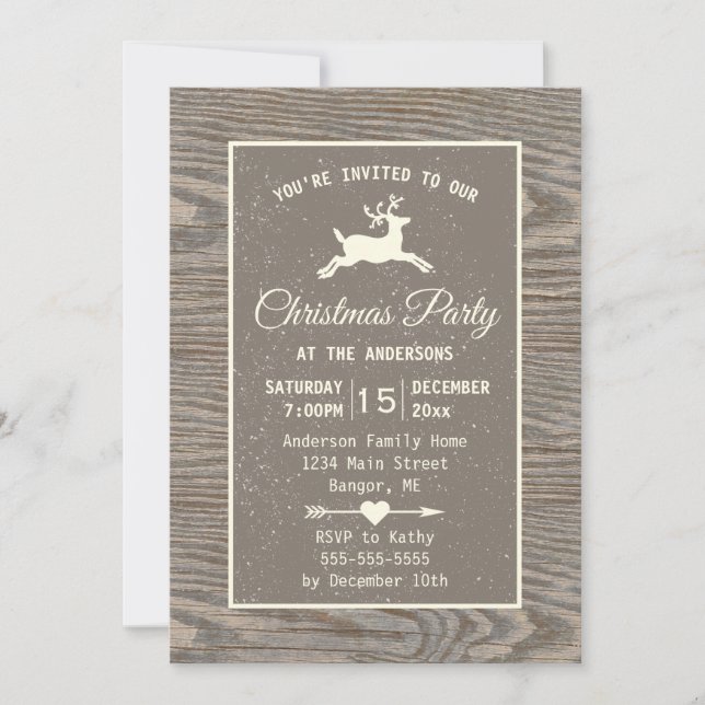 Rustic Wood Reindeer Country Beige Christmas Party Invitation (Front)