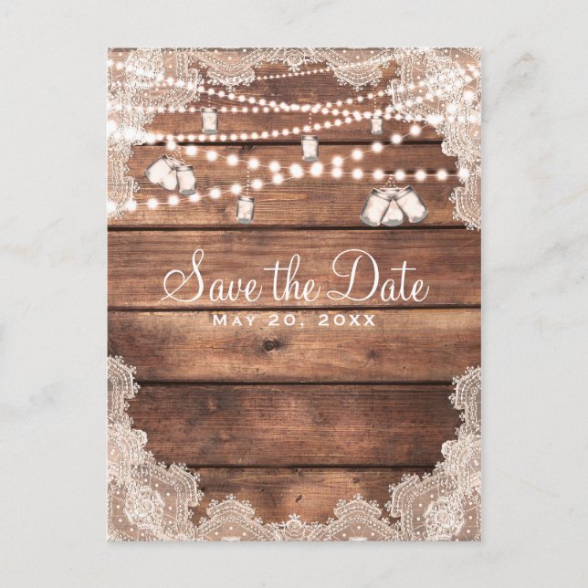Rustic Wood Romantic Lace Mason Jars Save the Date Announcement Postcard (Front)