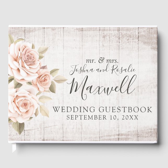 Rustic Wood & Romantic Roses Shabby Chic Wedding Guest Book (Front)