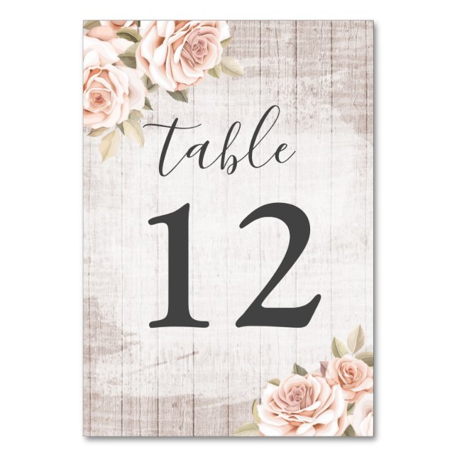 Rustic Wood & Romantic Roses Shabby Chic Wedding Table Number (Front)