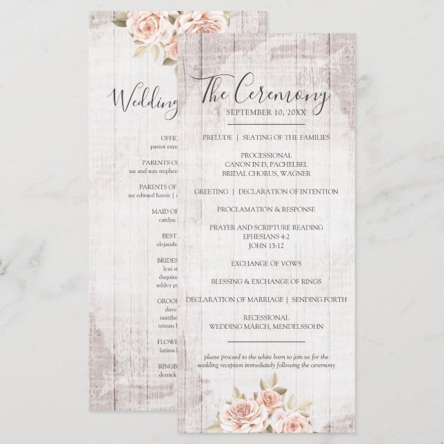 Rustic Wood & Romantic Roses Shabby Wedding Programme (Front/Back)