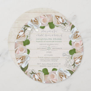 Rustic Wood Rose Babys Breath Floral Round Wreath Invitation