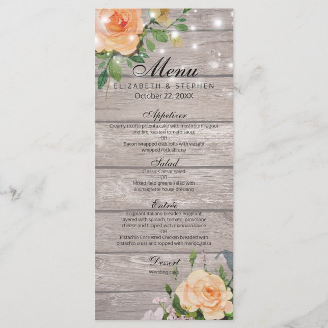 Rustic Wood Rose Floral String Lights Wedding Menu (Front)