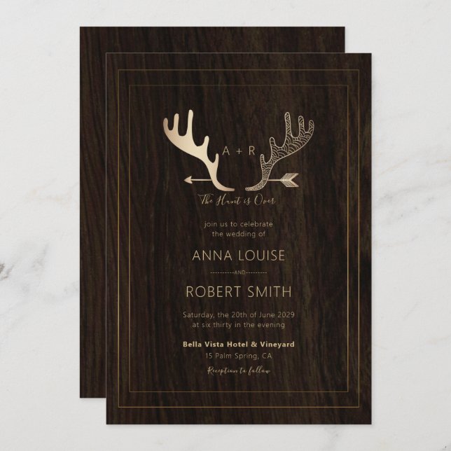 Rustic Wood Rose Gold Antlers Arrow Wedding Invitation (Front/Back)