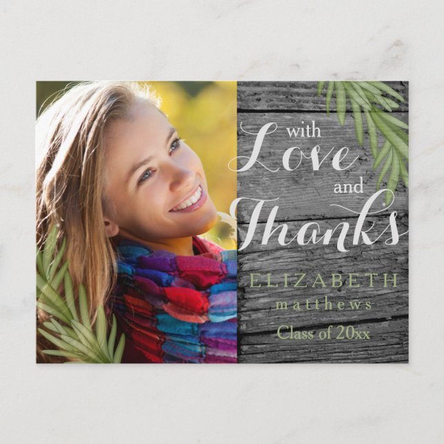 Rustic Wood Rosemary Graduation Photo Thank You Postcard (Front)