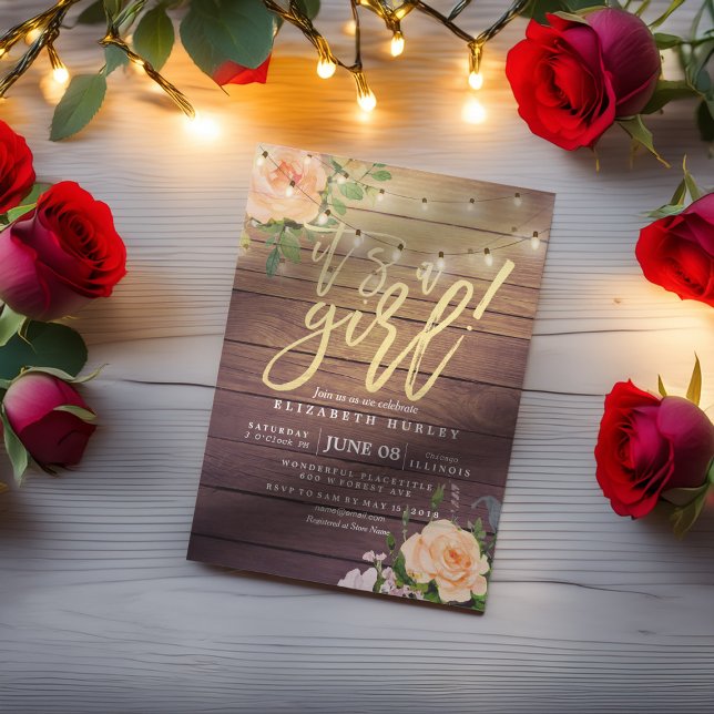 Rustic Wood Roses Floral String Light Baby Shower Invitation (Creator Uploaded)