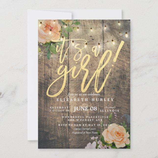 Rustic Wood Roses Floral String Light Baby Shower Invitation (Front)