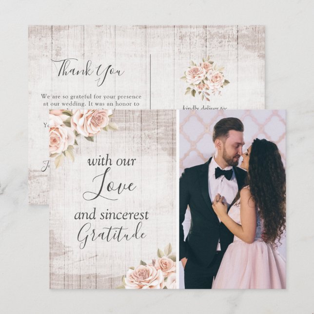 Rustic Wood & Roses Shabby Wedding Thank You Photo Postcard (Front/Back)