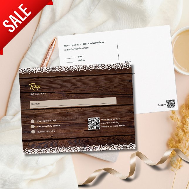 Rustic Wood RSVP MENU QR CODE Lace Budget  Postcard (Creator Uploaded)