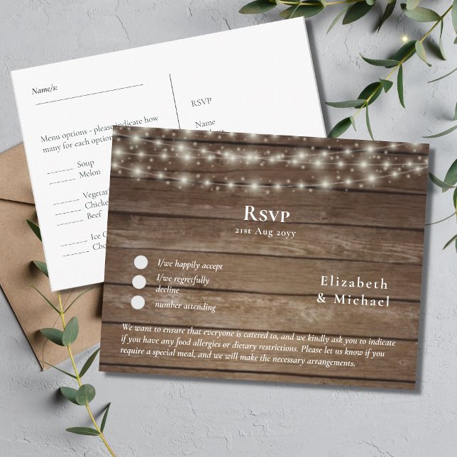 Rustic Wood RSVP with Menu Template Postcard (Creator Uploaded)